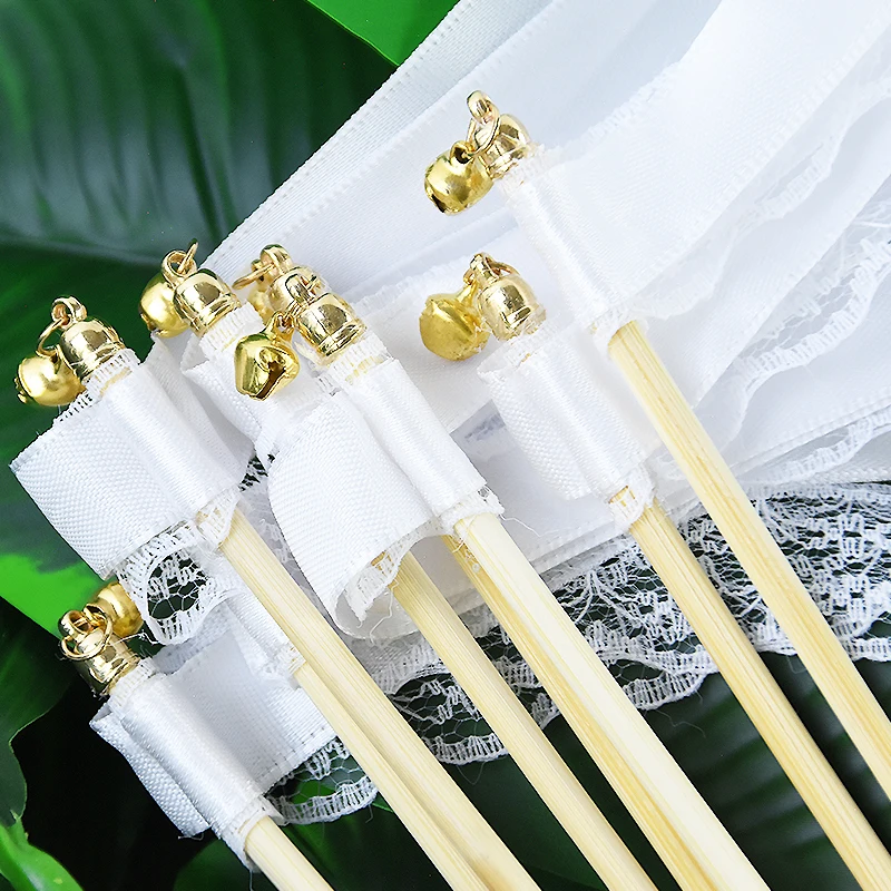 5PC White Ribbon Wands Fairy Stick Wedding Twirling Lace Streamers Ribbon Stick With Bell Wedding Birthday Party Cheering Prop