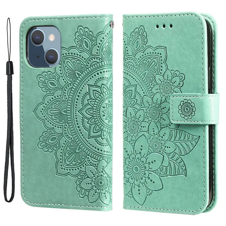 

Flower Imprinting Wallet Anti-Scratch Leather Phone Stand Protector Case for iPhone 13 mini 5.4 inch - Green