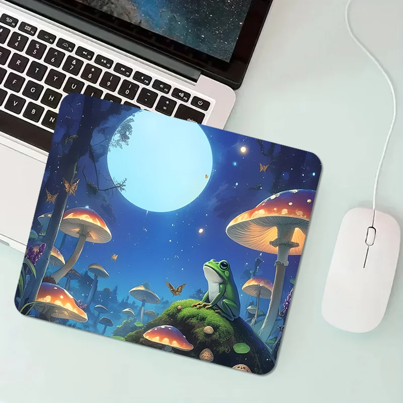 

Frog Mushroom Night view mousepad features an anti-slip rubber and a waterproof design, making it suitable for laptops offices