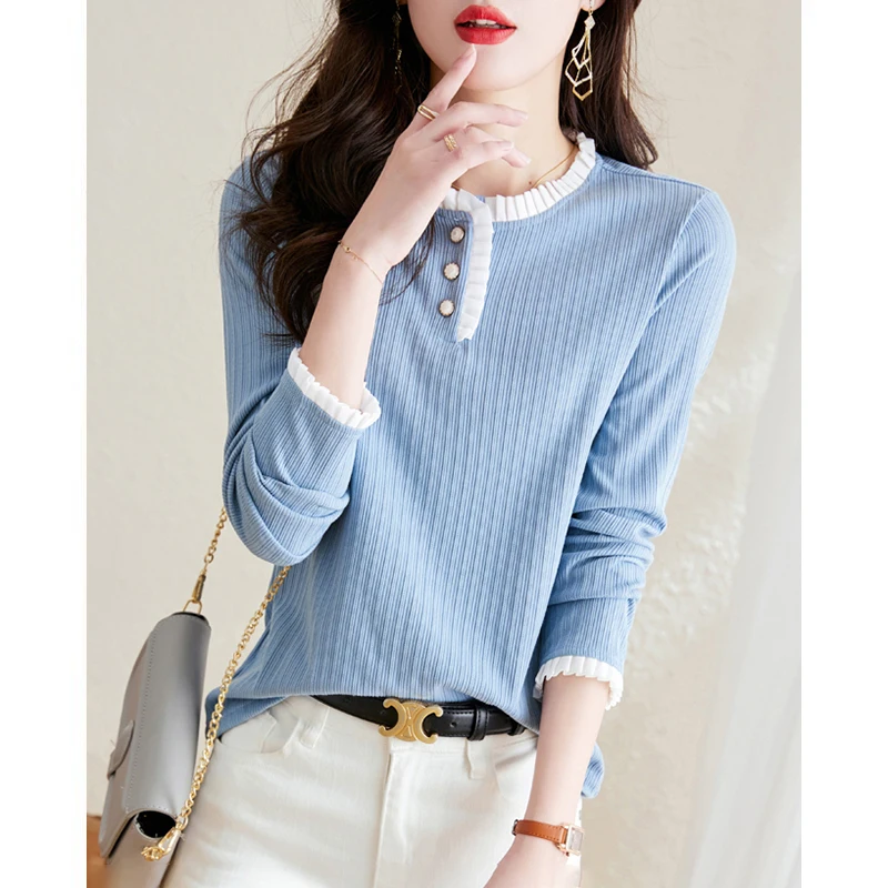 

Модная облегающая базовая футболка для женщин, новинка ранней осени, корейская версия, для повседневной носки, длинная, тонкая футболка