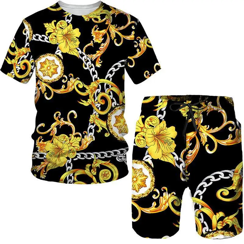 3D Luxury Baroque Style Gold Chain Flower Printed T-shirts Shorts 2Pcs Sets Fashion Men Tee Suit Summer Casual Tracksuit Outfits