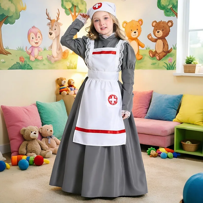 

Girls Retro Nurse Cosplay Costume Gray Dress White Apron Hat Suit Maid Uniform for Halloween Party Stage Performance Outfits