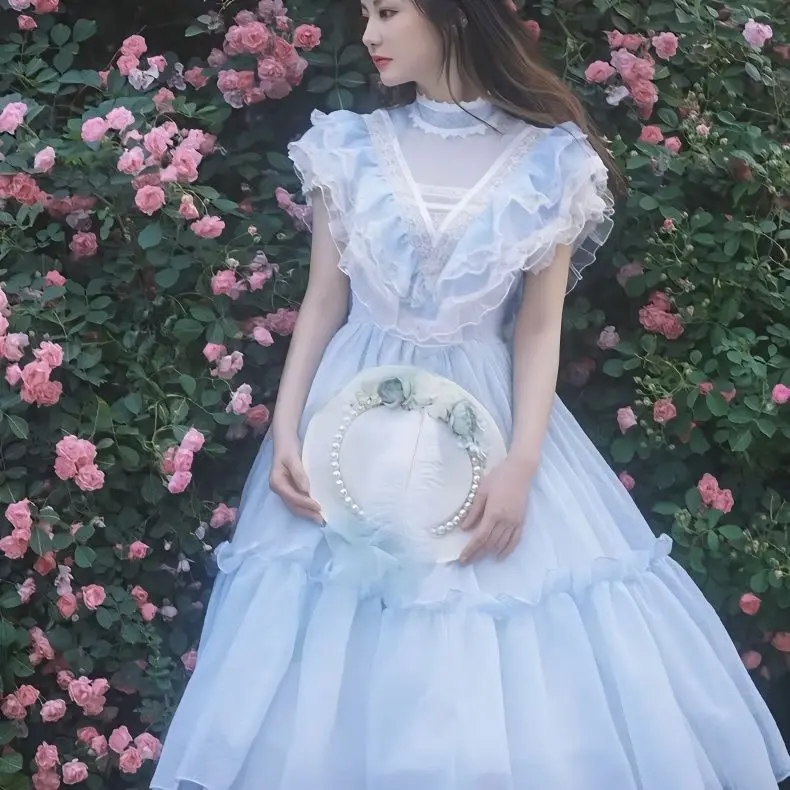 

Spring and summer 2025 new vintage flying sleeve ruffle edge dress princess fan blue fugitive princess dress