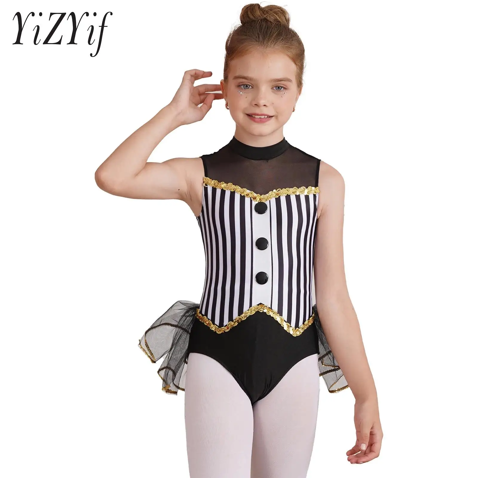 

Kids Girls Latin Jazz Dance Performance Costume Sequins Trim Open Back Striped Leotard Tulle Skirted Bodysuit Stage Wear