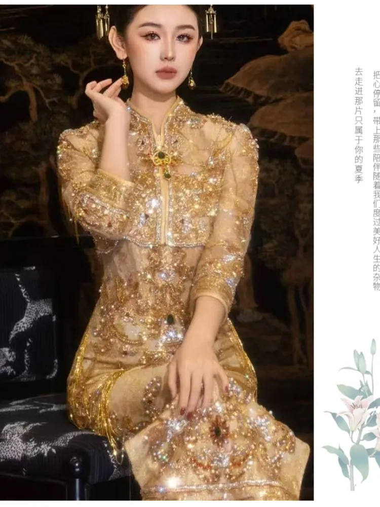 重工業の新しいシャンパン色のフィッシュテールドレス、結婚式の乾杯用ガウンと