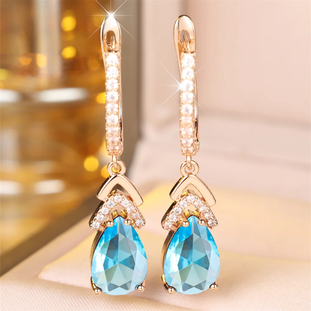 Rose Red Crystal Water Drop Stone Pendant Hoop Earrings For Women Multicolor Zircon Gold Color Ear Buckle Wedding Jewelry Gifts