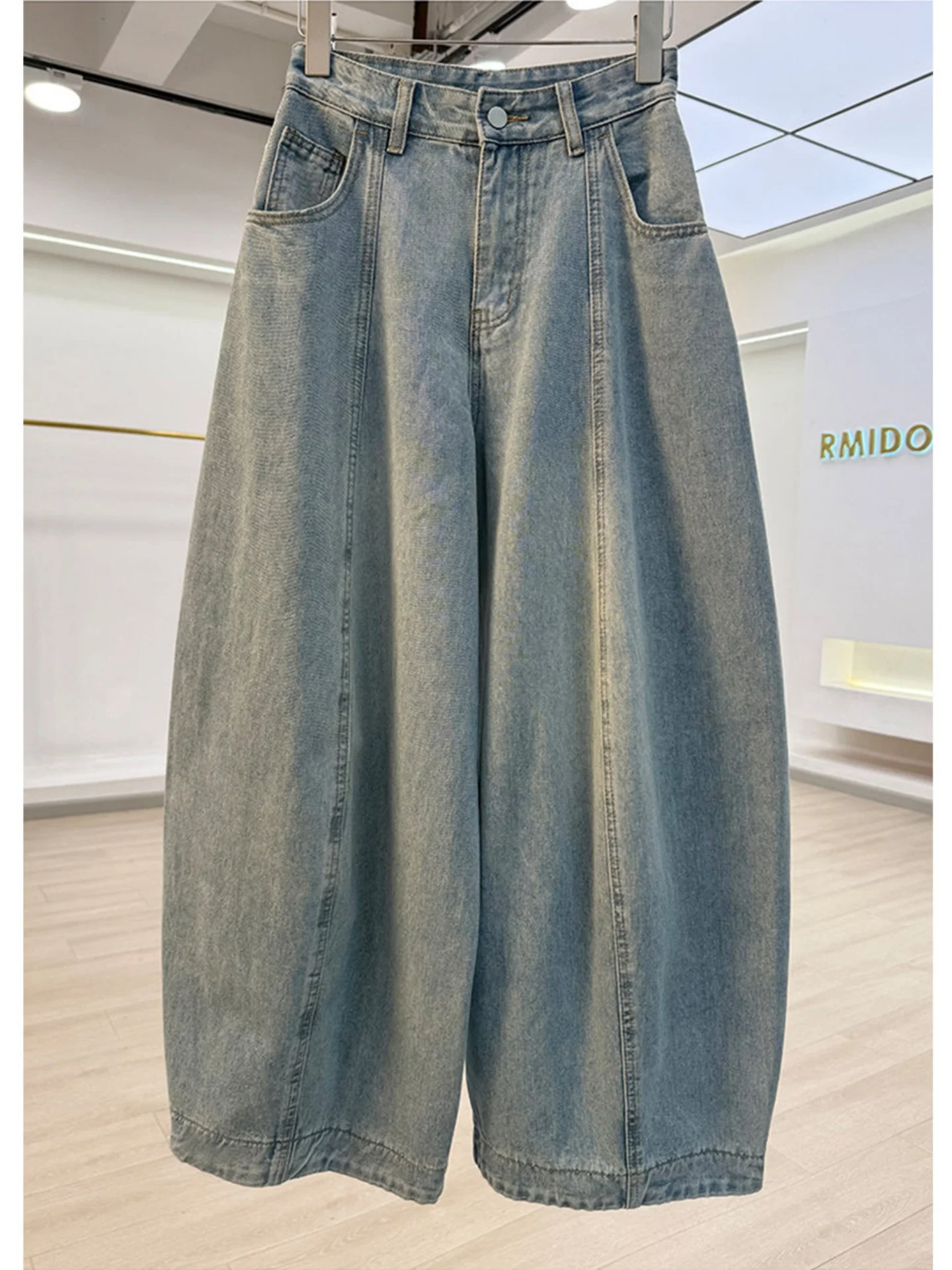 

Casual Loose Wide Leg Jeans Women's Balloon Pants High Waist Cotton Denim Blue Color Washed Effect Daily Wear Comfortable Fit