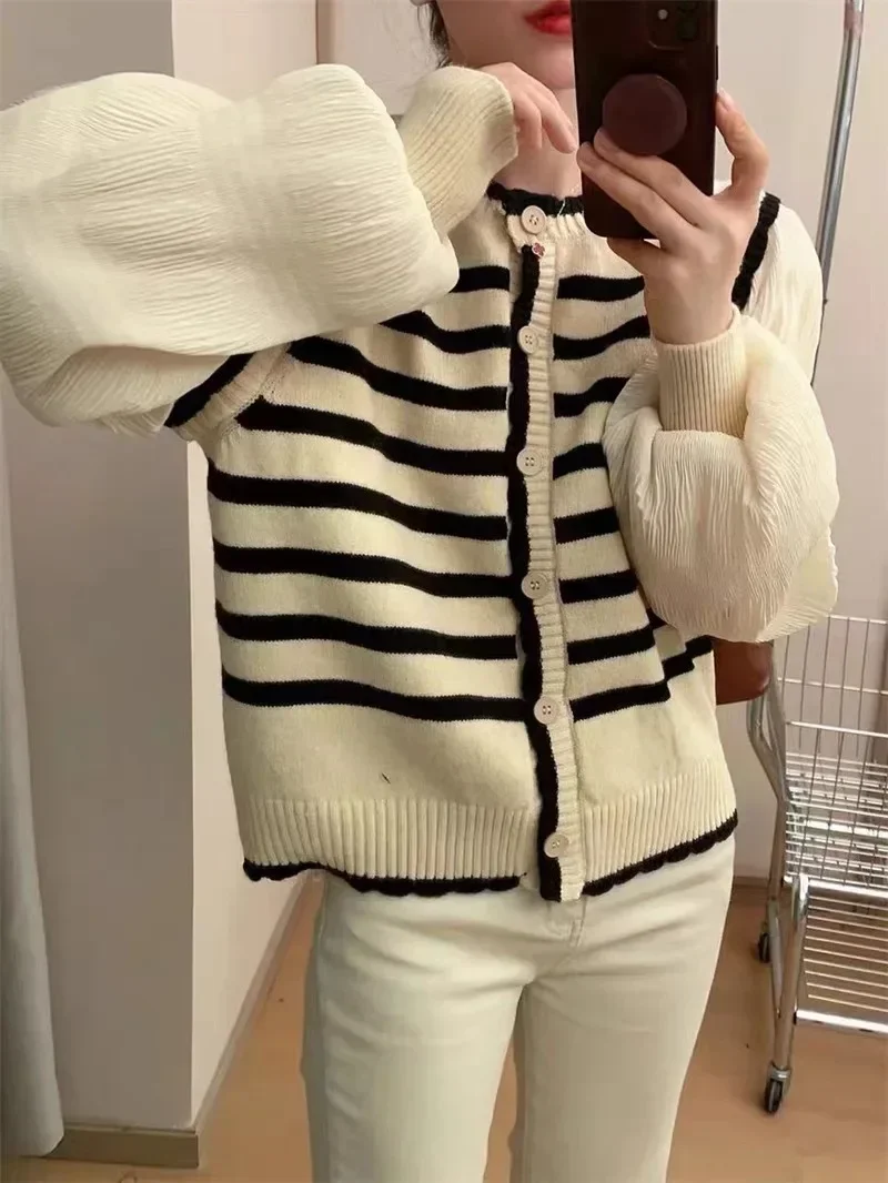 

Лоскутный свитер, топы, женский модный искусственный два вязаных полосатых кардигана, пальто с круглым вырезом, винтажное корейское пальто Sueter Mujer 27p480