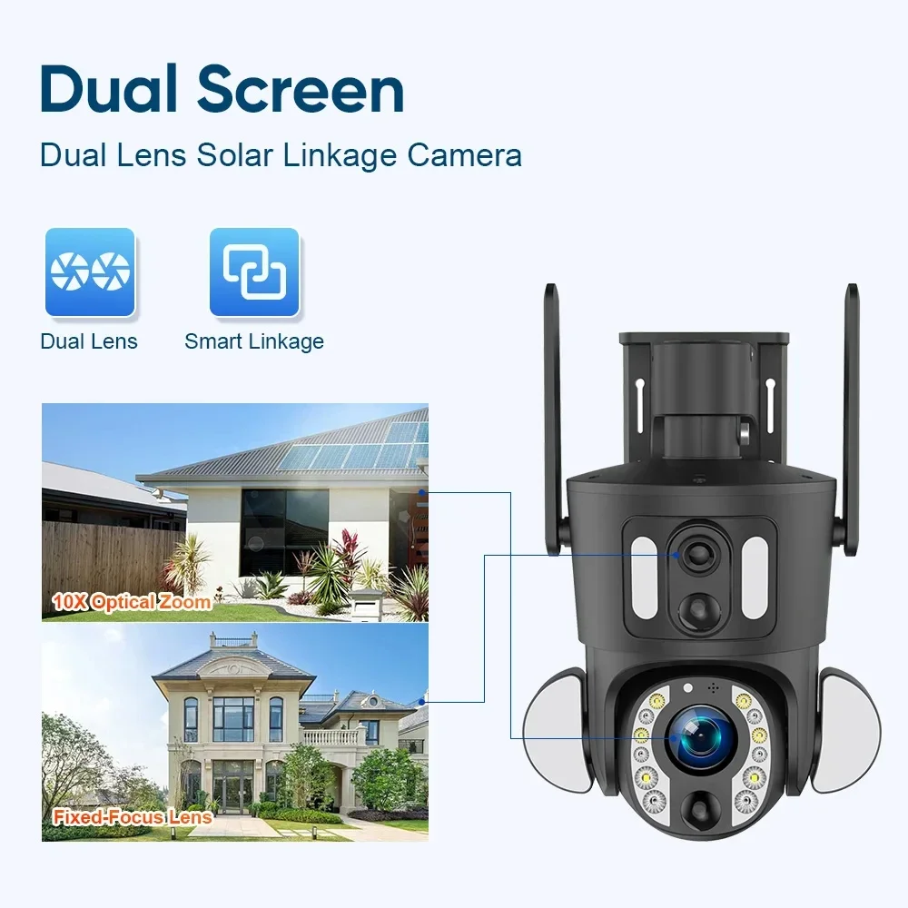 8MP Outdoor Solar Camera 20X Optical Zoom Dual Screen 4G Sim Camera 4K WiFi PTZ Dual PIR Detection Humanoid Auto Tracking CCTV