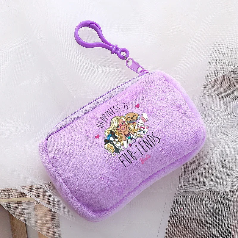 Barbiee-monedero de felpa rosa para niños, cartera suave con estampado de dibujos animados, llavero, accesorios de decoración, bolso de mano portátil