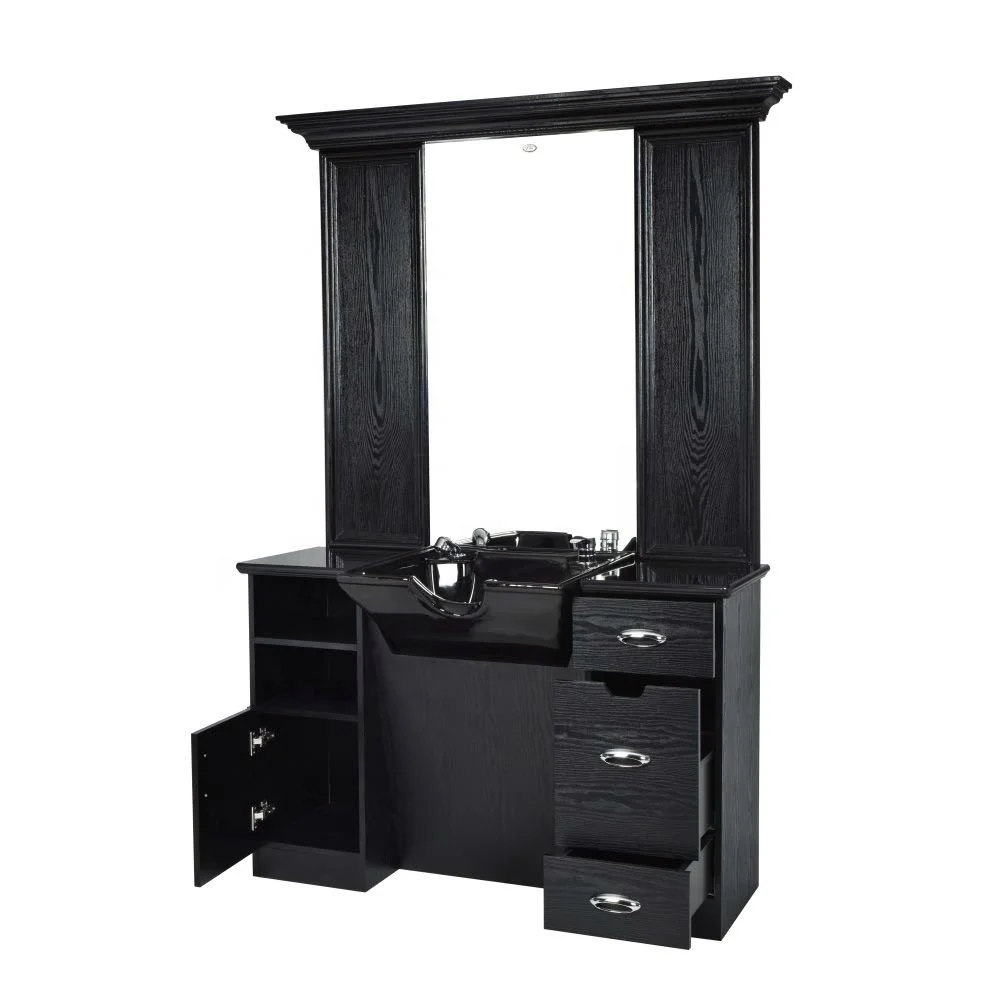 

Hot Sale Luxury Styling Mirror Station Black Ceramic Wash Basin Newest Design Hairdressing Salon Furniture For School Mall Hotel