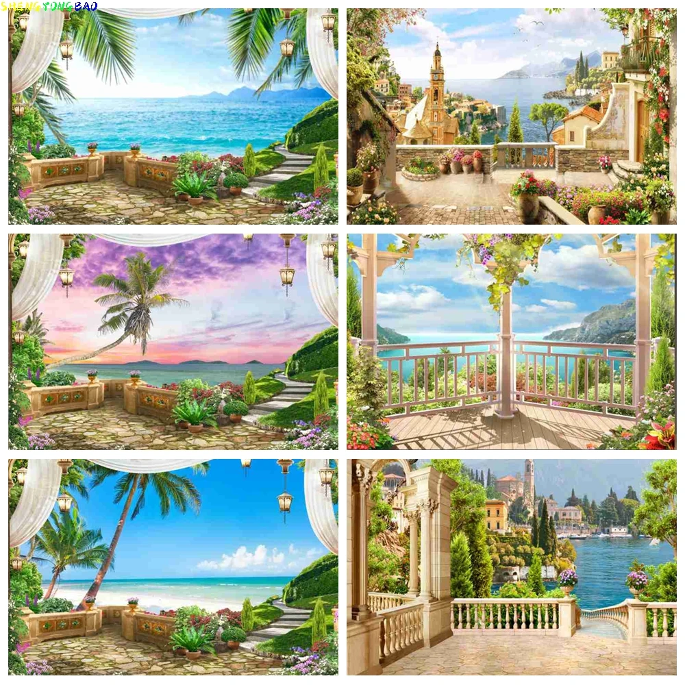 

Summer Seaside Photography Backdrop Tropical Beach Palace View Palm Trees Wedding Party Baby Birthday Photocall Background Decor