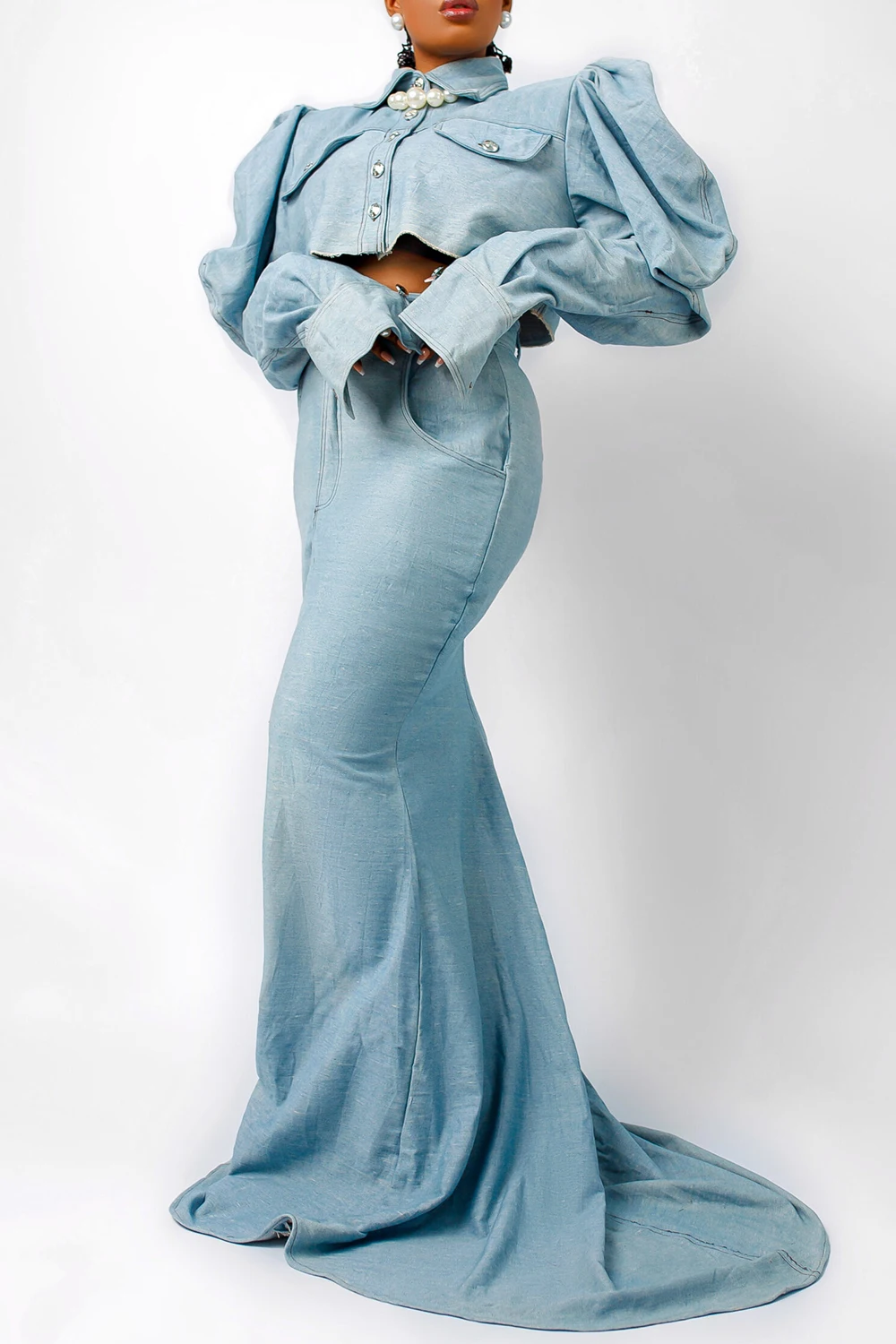 Plus Size Evening Gowns Light Blue Shirt Collar Long Sleeve Mermaid Tencel Denim Two Piece Skirt Sets