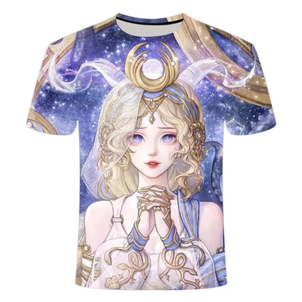 Unisex Fantasy Moon Goddess Anime T-Shirt, Starry Sky Constellation 3D Short-Sleeve Casual Street Style Cosplay T-Shirt