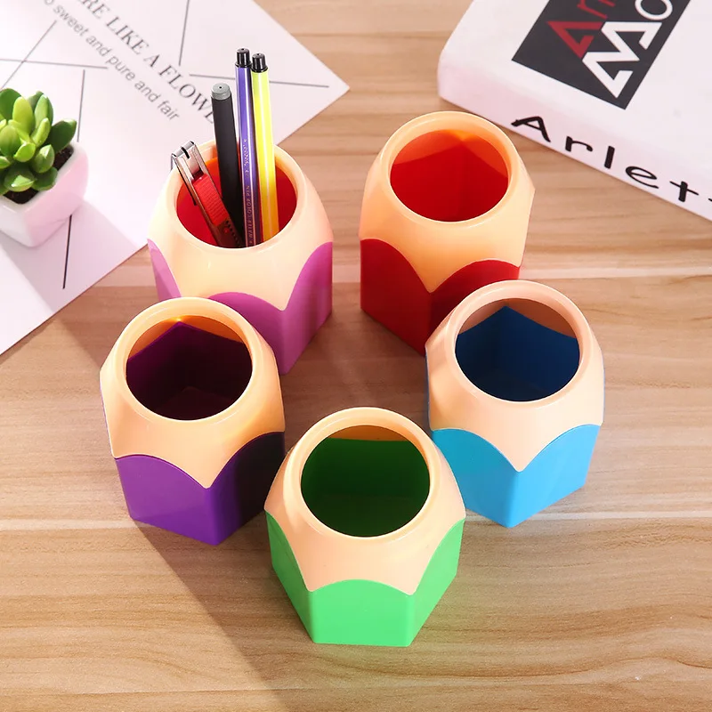 Pencil Head Design Pen Holder Plastic Office Learning Stationery Organizer Creativite Desk Storage Box for Makeup Brush