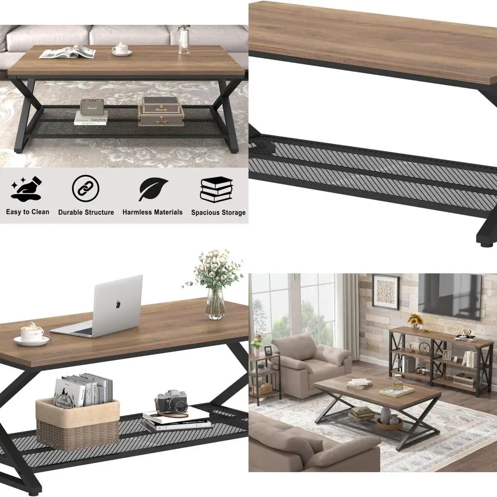 

Rustic Oak 47 Industrial 2-Tier Coffee Table with Storage Shelf for Living Room and Office