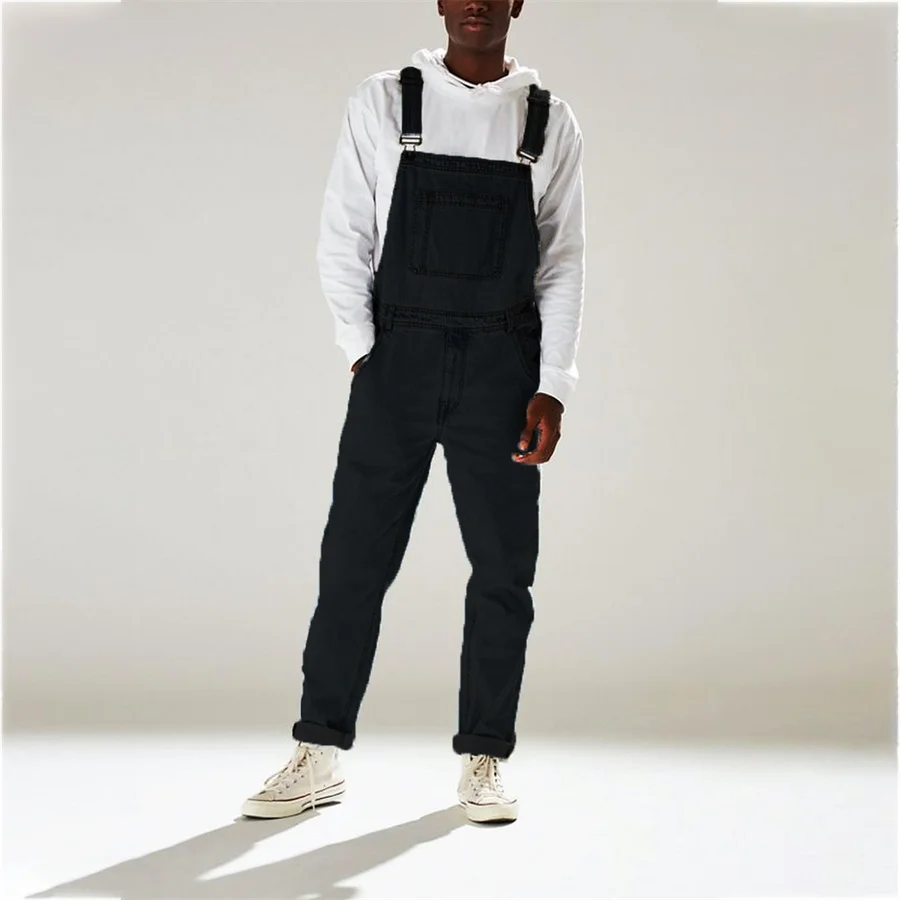 Streetwear Men\'s Solid Color Multi-pocket Denim Jeans Bib Overalls Daily Denim Jumpsuit One-piece Male Suspender Long Pants