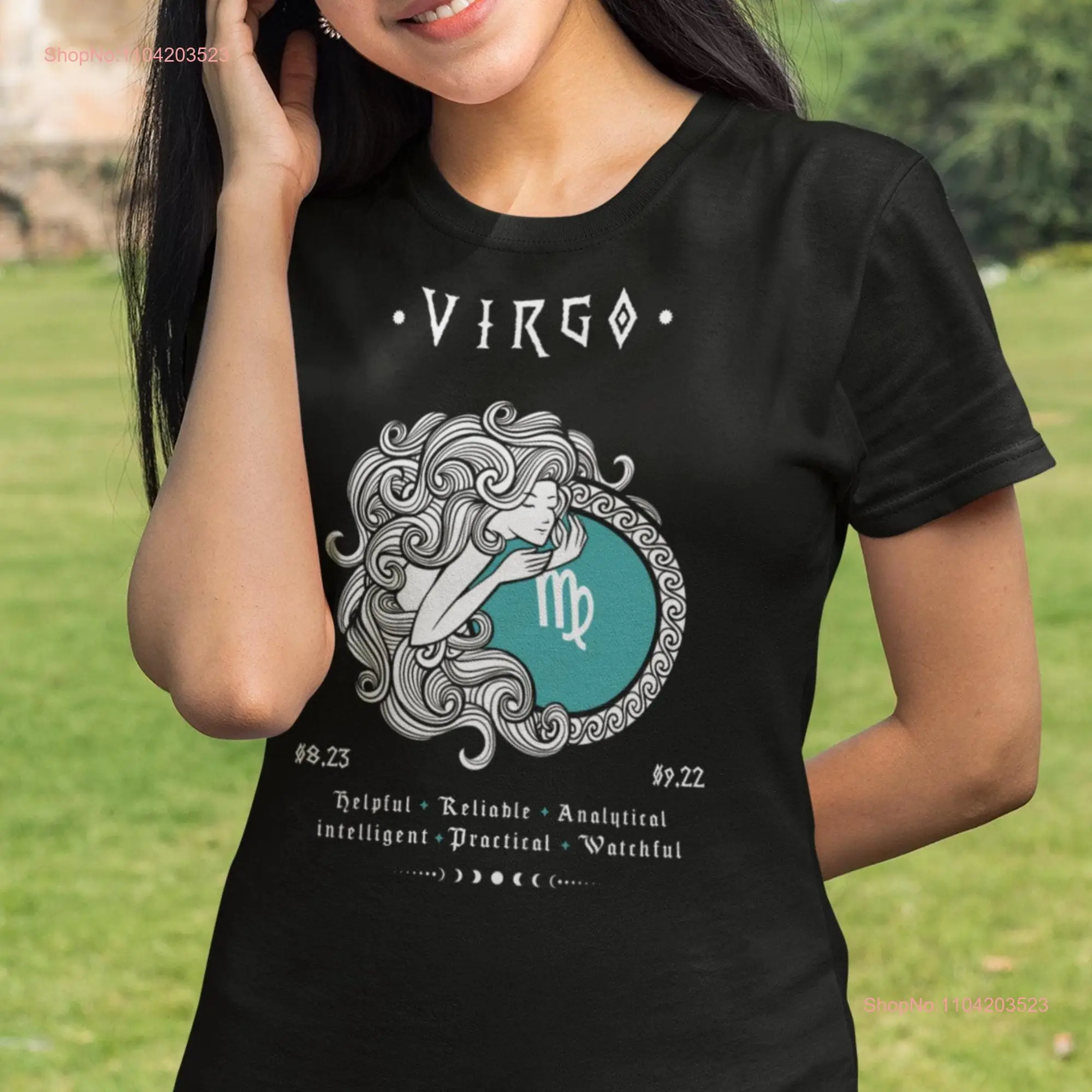 Virgo unisex t shirt Nordic letters and turquoise zodiac symbol mystical design symbology long or short sleeves