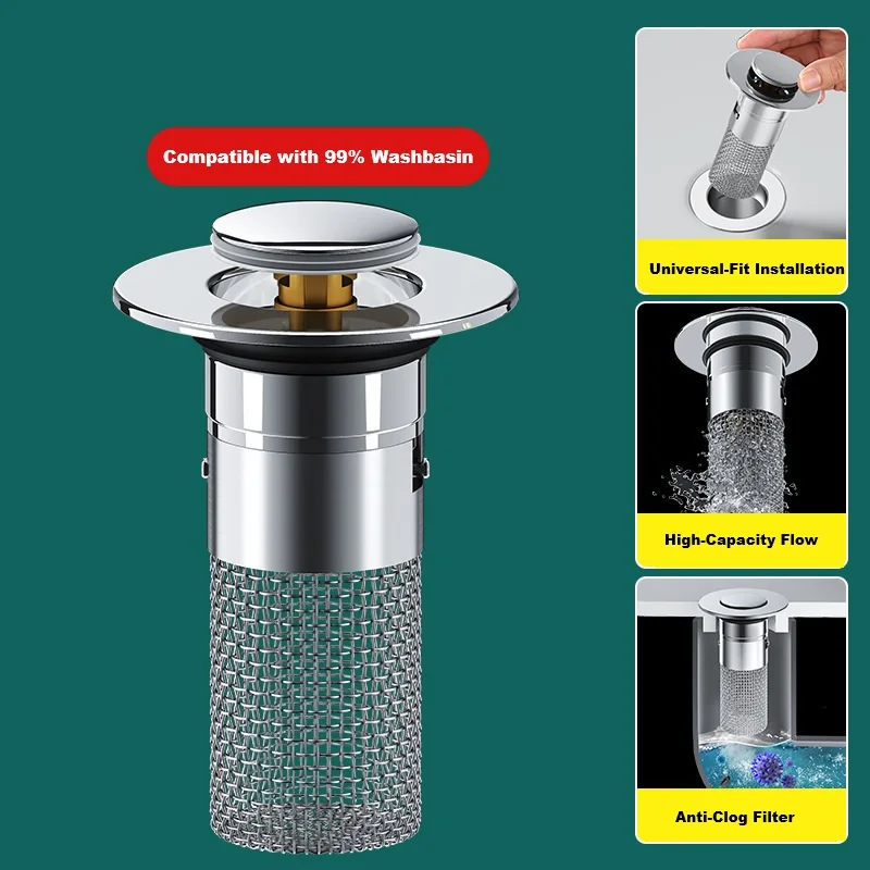 

3 in1 304 Stainless Steel Sink Drain with Brass Pop-Up Core Universal Basin Waste Filter Anti-clog Bathroom Kitchen Easy Install