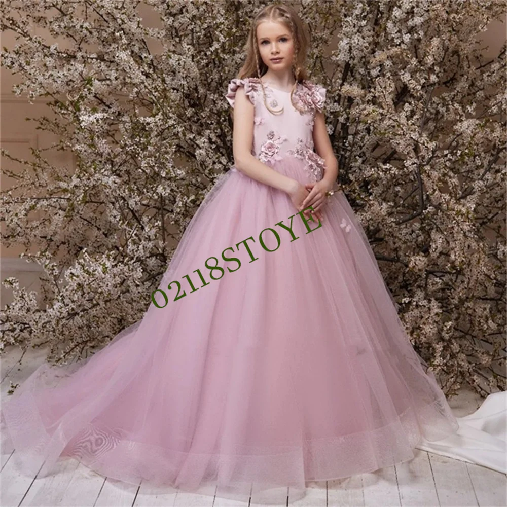 

Pink Flower Girl Dress Appliqué Satin Birthday Wedding Prom Party First Communion Customize Formal Occasion Celebration