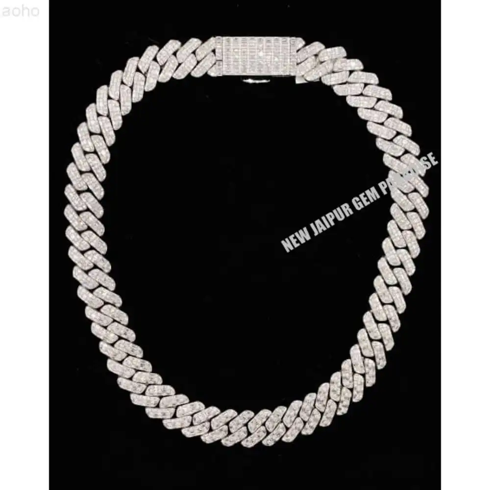 Heavy Quality 20mm Cuban Link Chain Vvs Baguette Moissanite Diamond 925 Sterling Silver White Gold Plated Gift for Men and Women