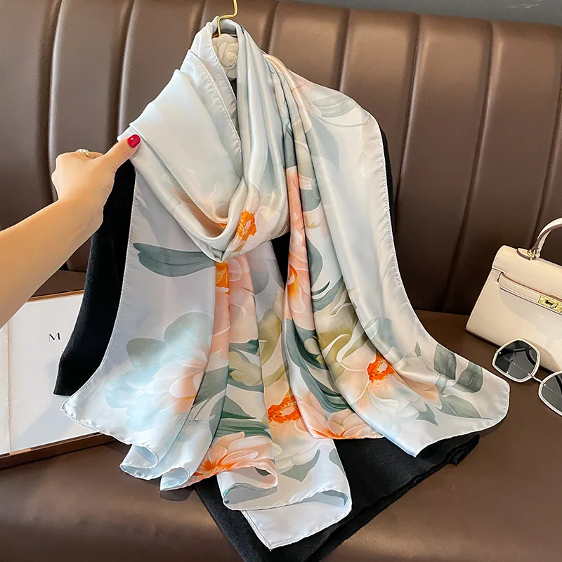 Fashion Print Satin Finish Scarf Four Seasons Soft Long Shawls Women 180X90CM Beach Stoles Luxury Brand Sunscreen Silk Scarves