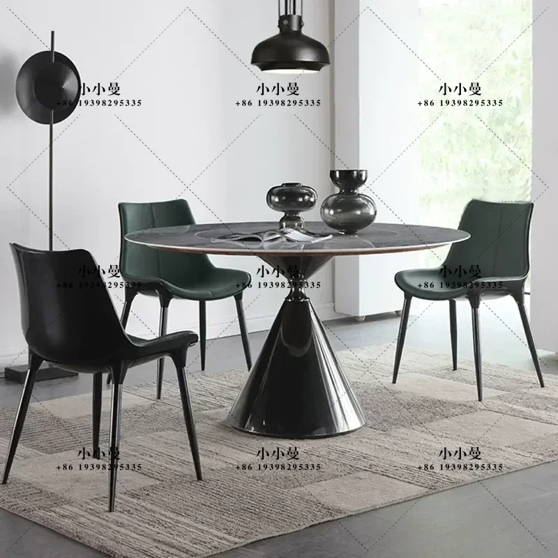 Italian Light Luxury Embedded Rock Slab Round Dining Table Set Black Titanium Brushed Stainless Steel High Quality Bright