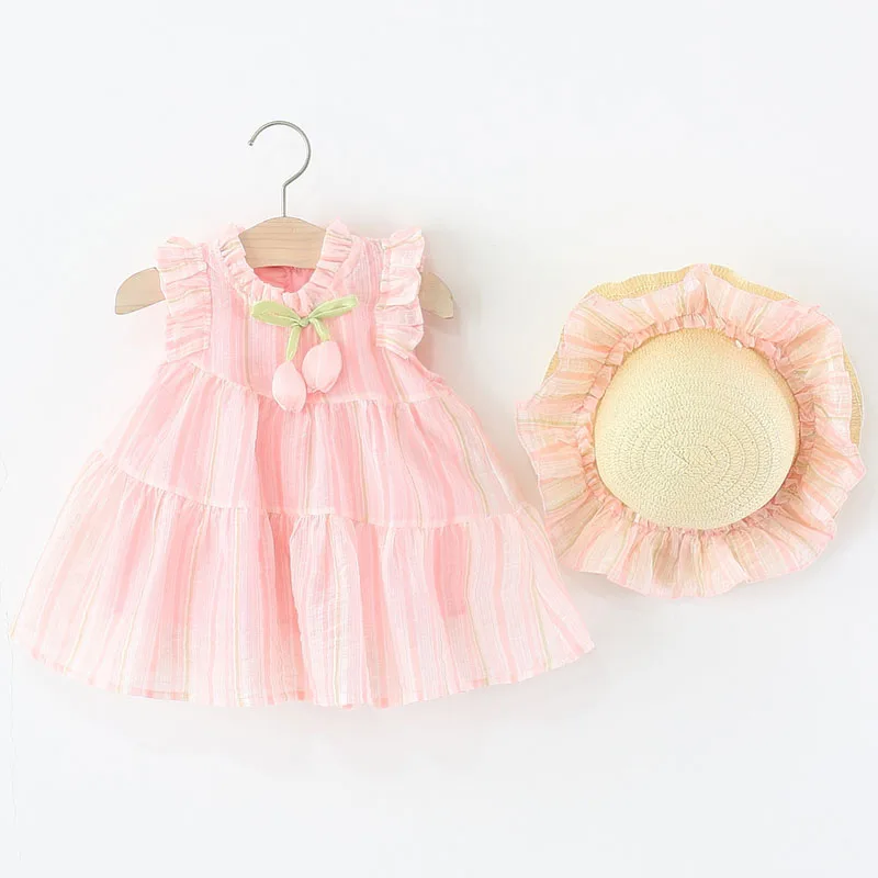 

2Piece Summer Kids Clothes Girls Korean Fashion Cute Stripe Sleeveless Flower Princess Pink Dress+Sunhat Luxury Dresses B030
