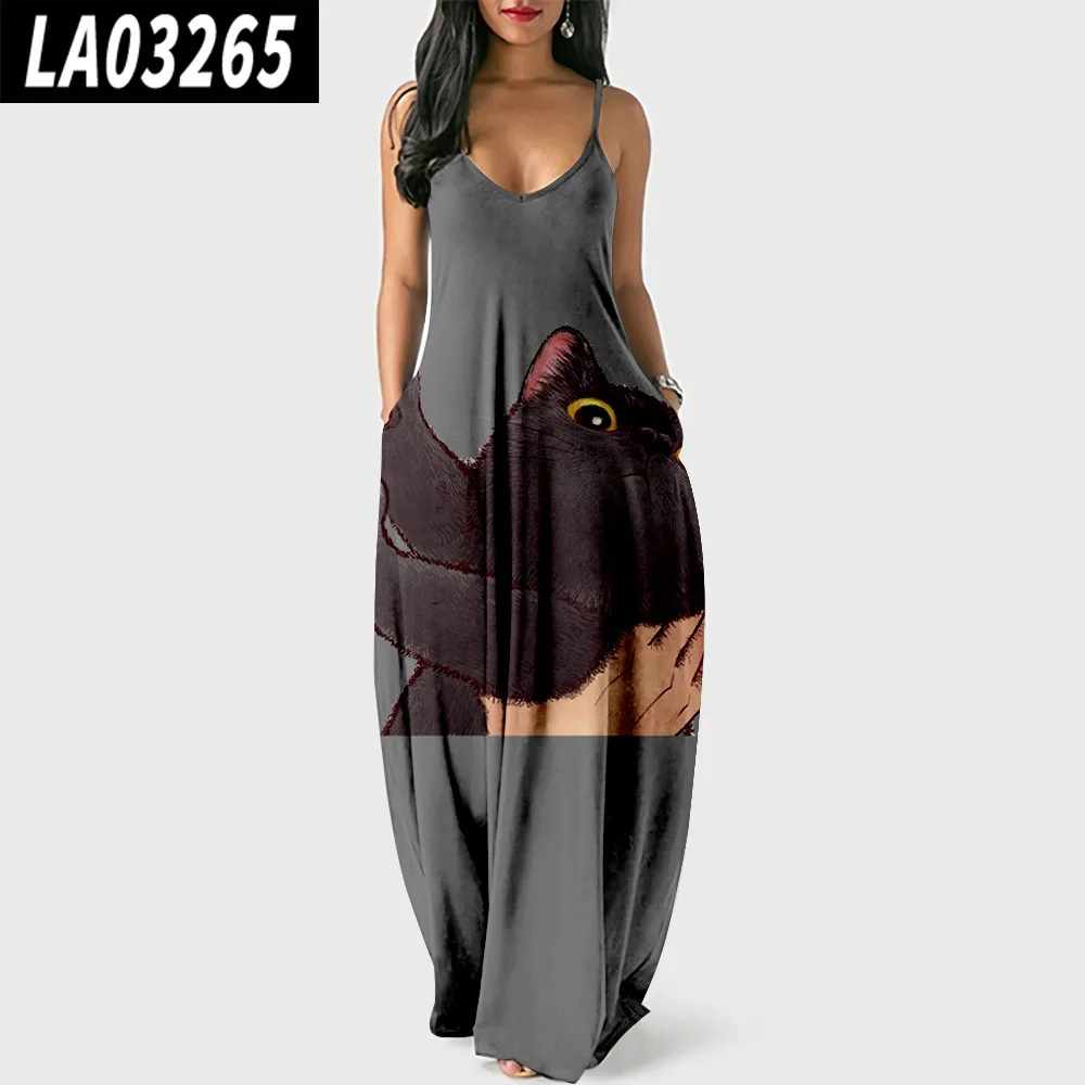 Summer Women Cat Printed Long Pullover Dress Sexy Floor-length Party Beach Sundress Dress Vestidos