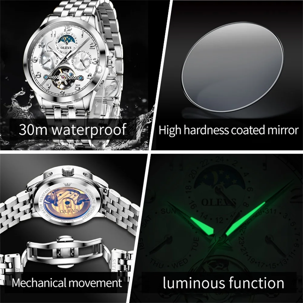OLEVS ساعات رجال الأعمال عادية الفولاذ المقاوم للصدأ ذاتية الملء دولاب الموازنة الأصلي التلقائي ساعة اليد الميكانيكية مرحلة القمر #5