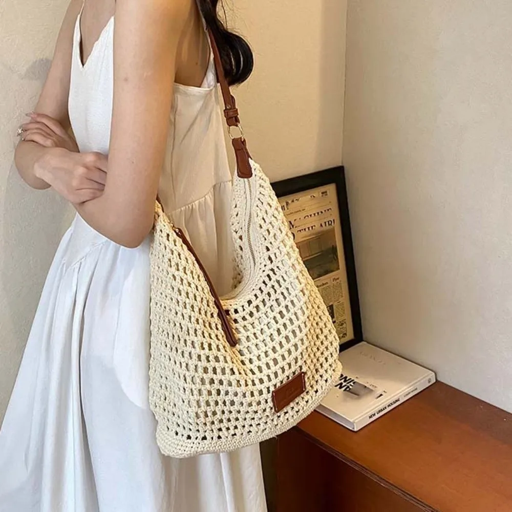 

Большая вместительная вязаная крючком сумка-тоут в корейском стиле, легкая полая тканая сумка, полиэстеровая вязаная сумка для отпуска