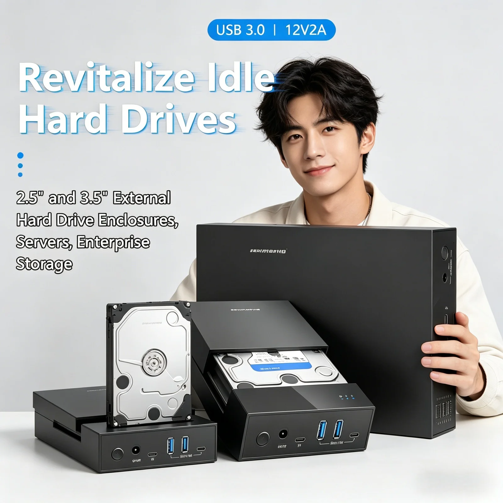 

2026 Hot 2.5/3. 5 HDD/SSD Enclosure with USB3.0 HUB support 18TB TYPE C TO SATA Adapter tool free HDD case with 12V Power ada