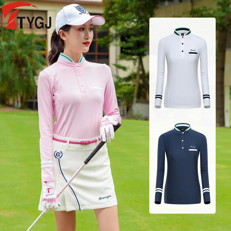 New Long Sleeve Women's Golf T-shirt Stand Collar Pink White Slim Ladies Golf Wear Spring Autumn Clothes Outdoor Sport Shirt