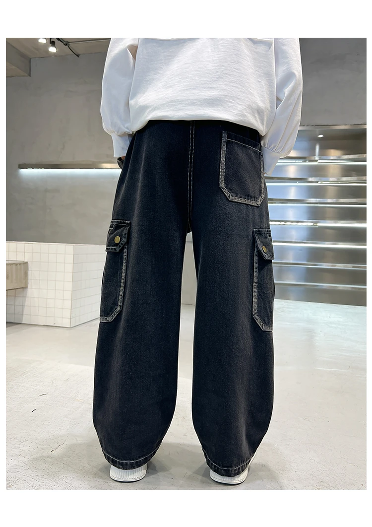 Neue lässige Kinder-Cargo-Jeans mit geradem Bein und Taschen für Teenager-Jungen, modische Street-Denim-Hosen, elegante Hosen für Kinder. – Detail 16