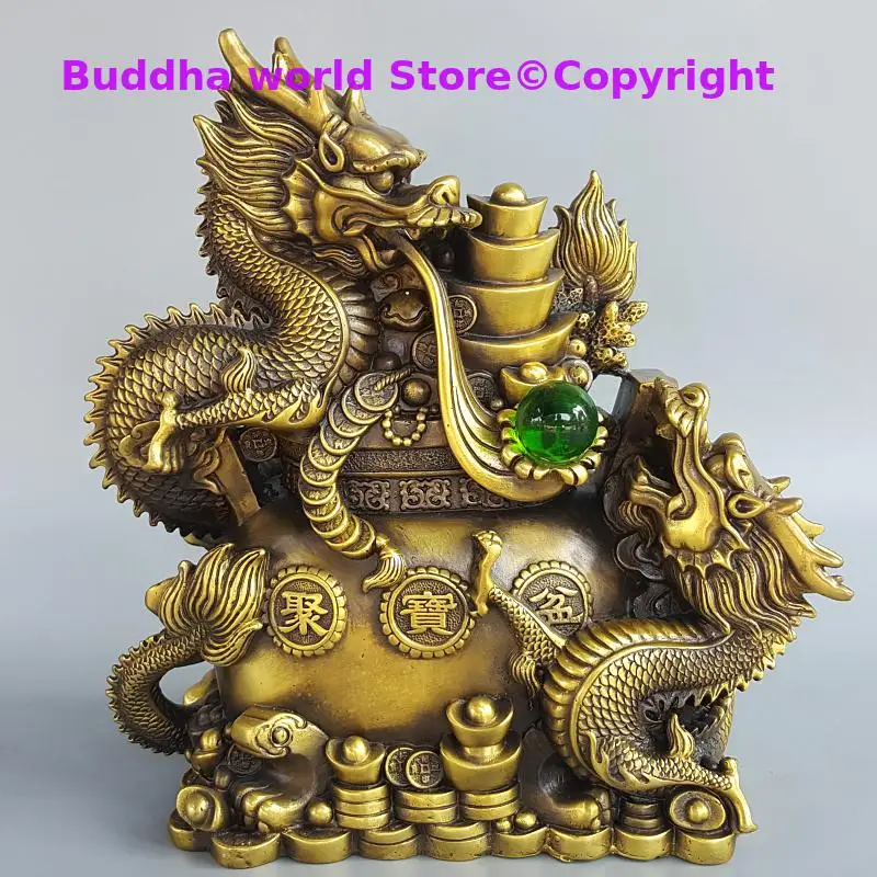 Asia HOME Bring wealth money GOOD LUCK double Royal Dragon JU BAO PEN statue FENG SHUI Statue Home store Company mascot talisman