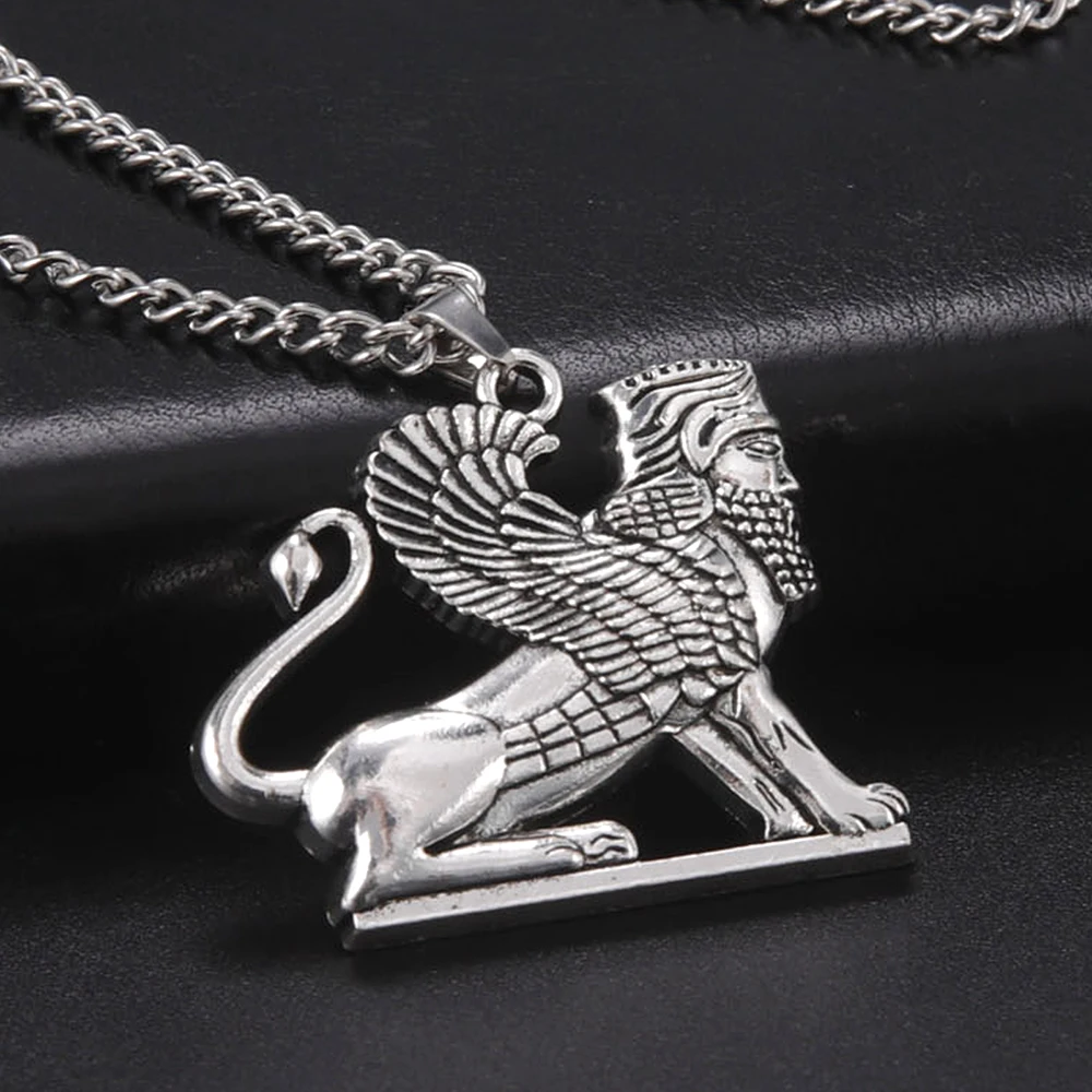 Dawapara Persian Winged Sphinx Necklace Mythological Beast Pendant Farvahar Amulet Strength and Intelligence Iranian Culture