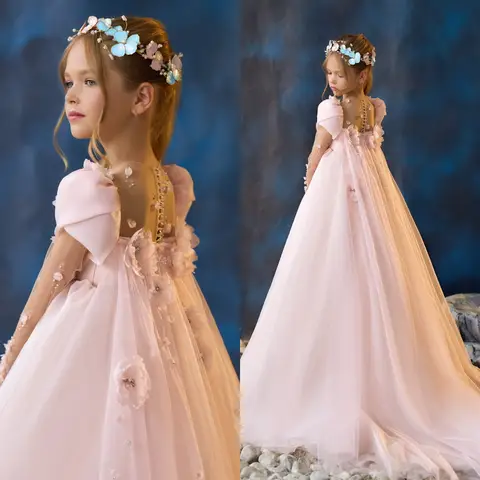 Pink Flower Girl Dresses Little Girl's Birthday Party Gowns Customized Beaded Long Sleeve Baby Kids First Communion Dresses