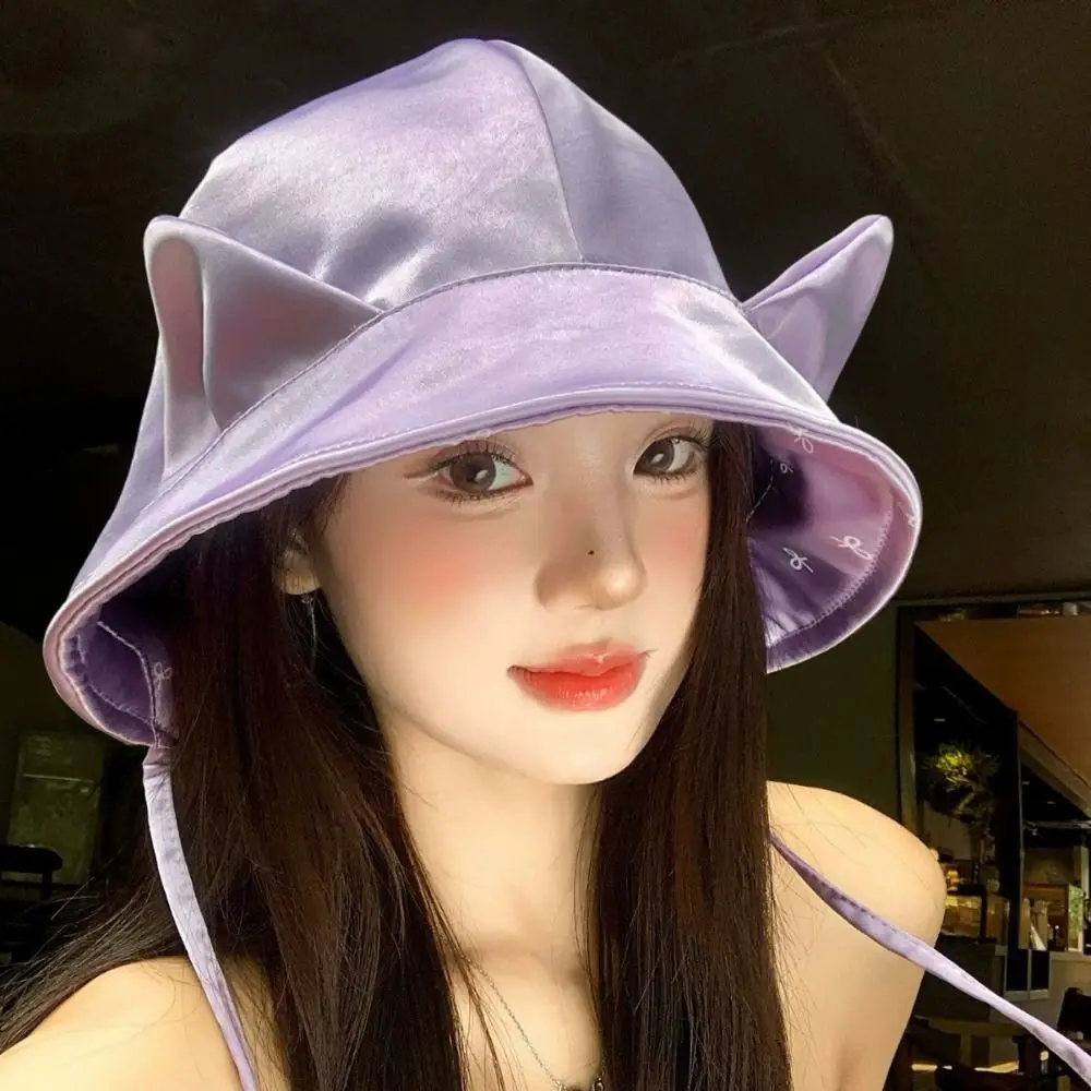 Simple Korean Style Cat Ears Bucket Hat Y2K Little Devil Horn Silk Satin Fisherman Hat Cute Solid Color Small Loli Cap Men