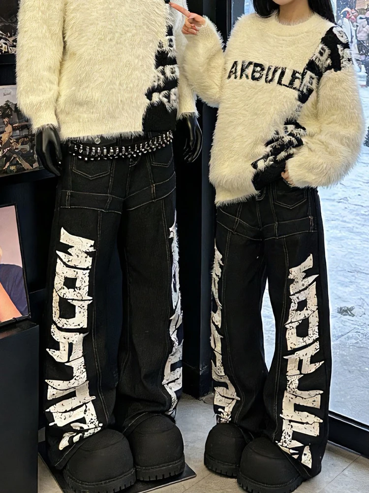 

Black American Oversize Knife Men's Denim Jeans Winter Fashionable Wide Leg Workwear Pants Retro Style mid Waist Zipper