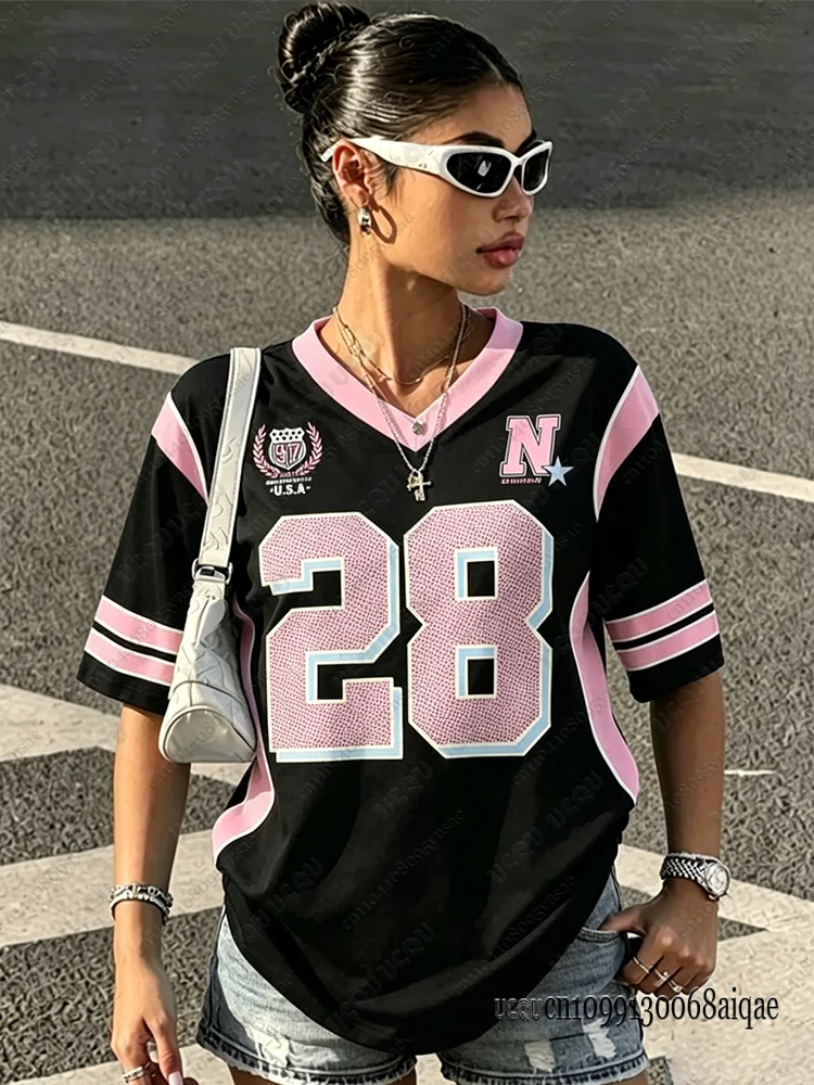 2026 Summer Black Speed 23 Printed T-Shirt For Women V-Neck Short Sleeve Sports Football Jersey Y2K Loose Oversized Tops