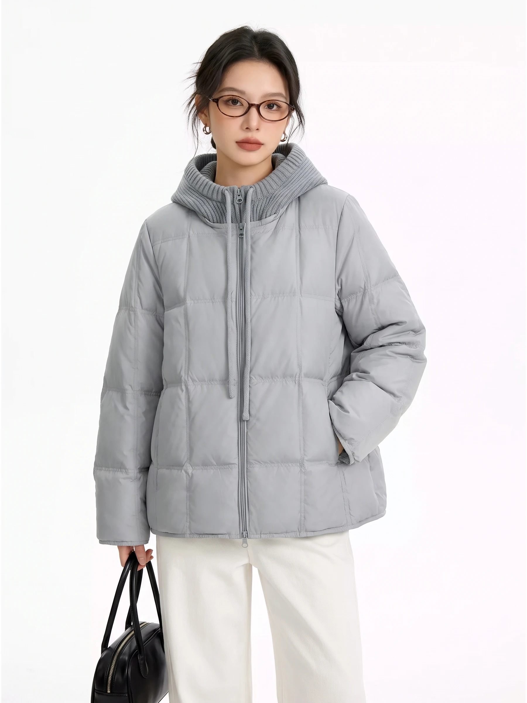 Korean Style Lazy Loose Fit Short Puffer Jacket with Knitted Hat Patchwork Slimming Warm Winter Coat Women's Fashion