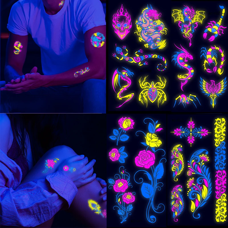 Temporary Fluorescent Tattoos Flower Feather Animals Pattern Body Arm Leg Face Stickers Night Bar Party Music Festival