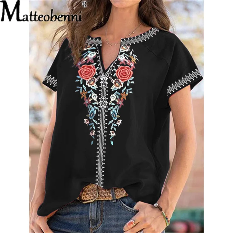 Summer Women Urban Leisure V Neck Print Short Sleeve T-Shirt Ladies Ethnic Style Casual Loose Boho Retro Harajuku Oversized Tops