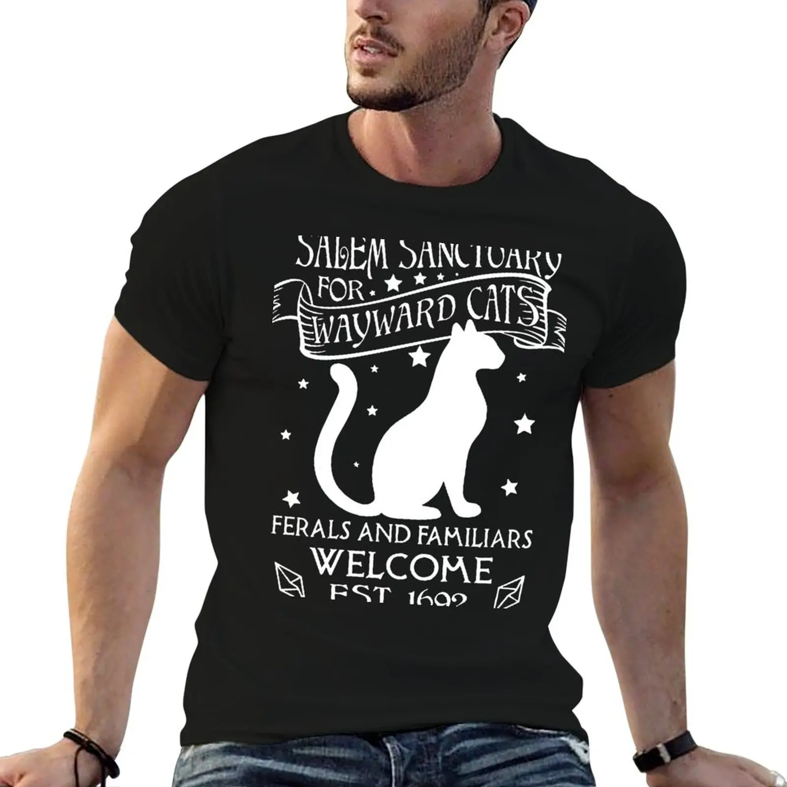 

Salem sanctuary for wayward cats Ferals and familiars welcome est 1692 T-Shirt t shirt man plain t shirts cotton 100% T-Shirt