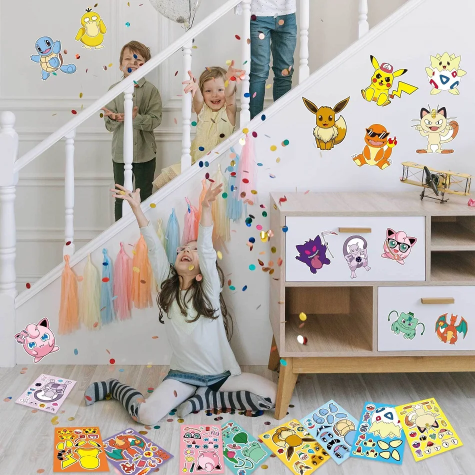 12Sheets Children DIY Puzzle Sticker Pokemon Face Funny Anime Pikachu Assemble Stickers Kids Toys Boys Girls Gifts