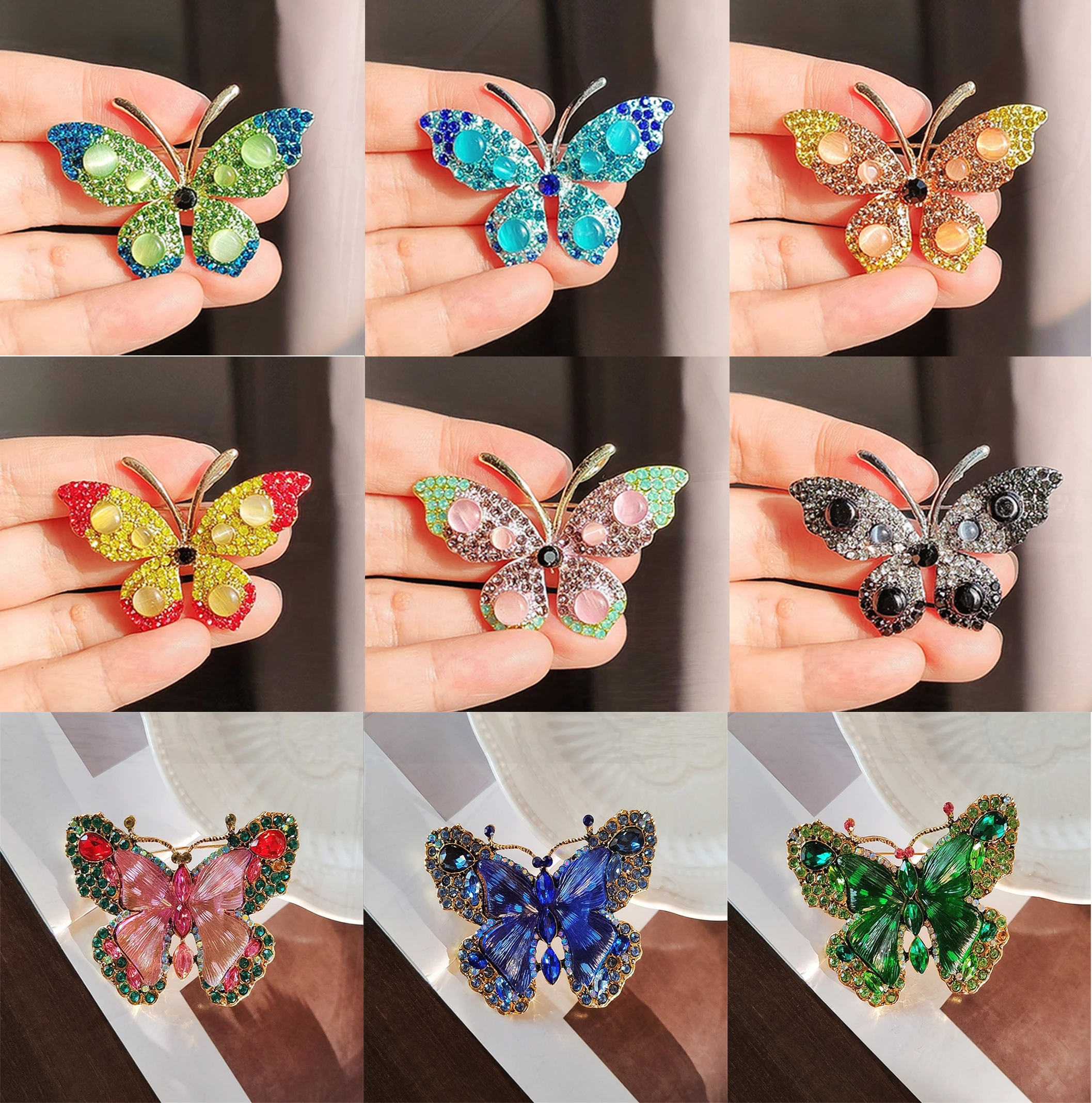 Pin de mariposa de cristal creativo de moda, alfileres para mujer, Pin de ropa al por mayor DIY, transfronterizo europeo y americano