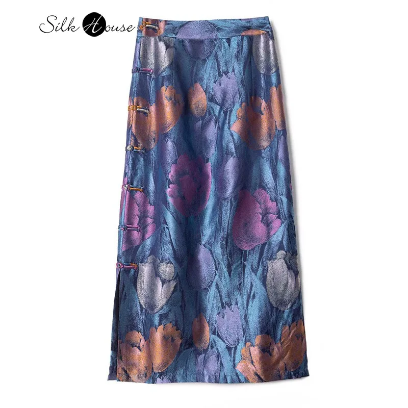 

2024 Autumn New Dreamy Tulip Amber Light 100% Natural Mulberry Silk Song Brocade Women's Fashion Casual Skirt