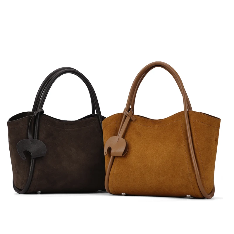 Winter Women's Natural Suede Leather Tote Shoulder Bag Luxury Matte Nubuck Leather Contrast Trim Top Handle Shopper Handbag