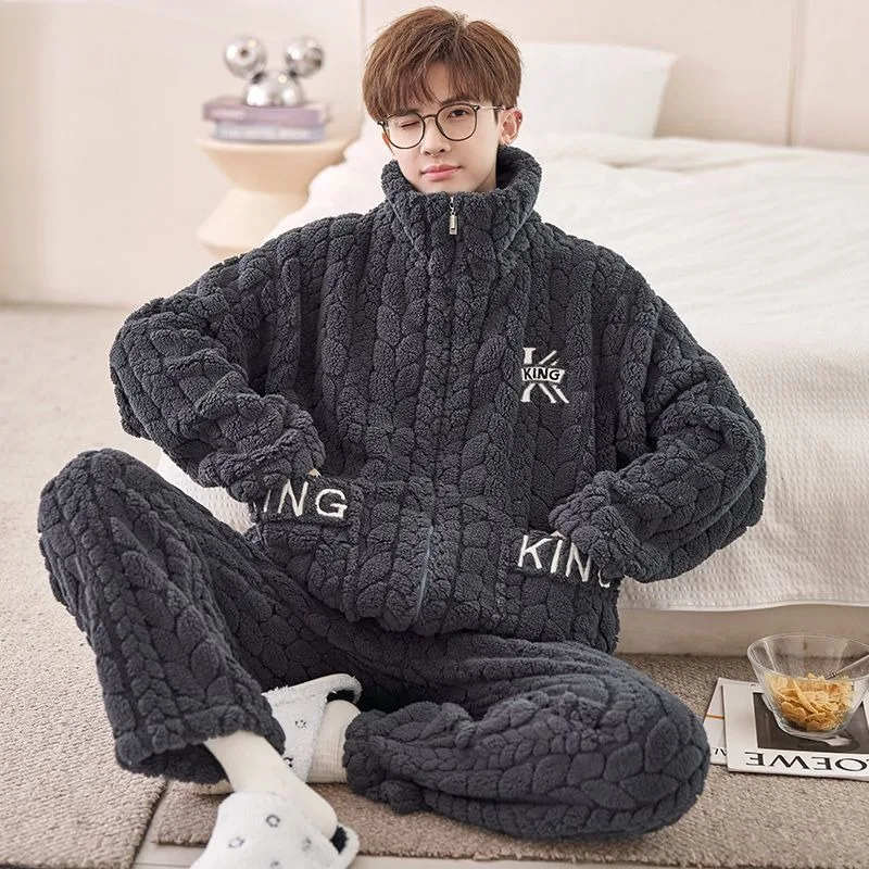 Men's Coral Velvet Pajamas Zipper Plus Size Can Be Worn Outside Sleepwear Winter Flannel Warm Flannel Winter Casual Homewear Set