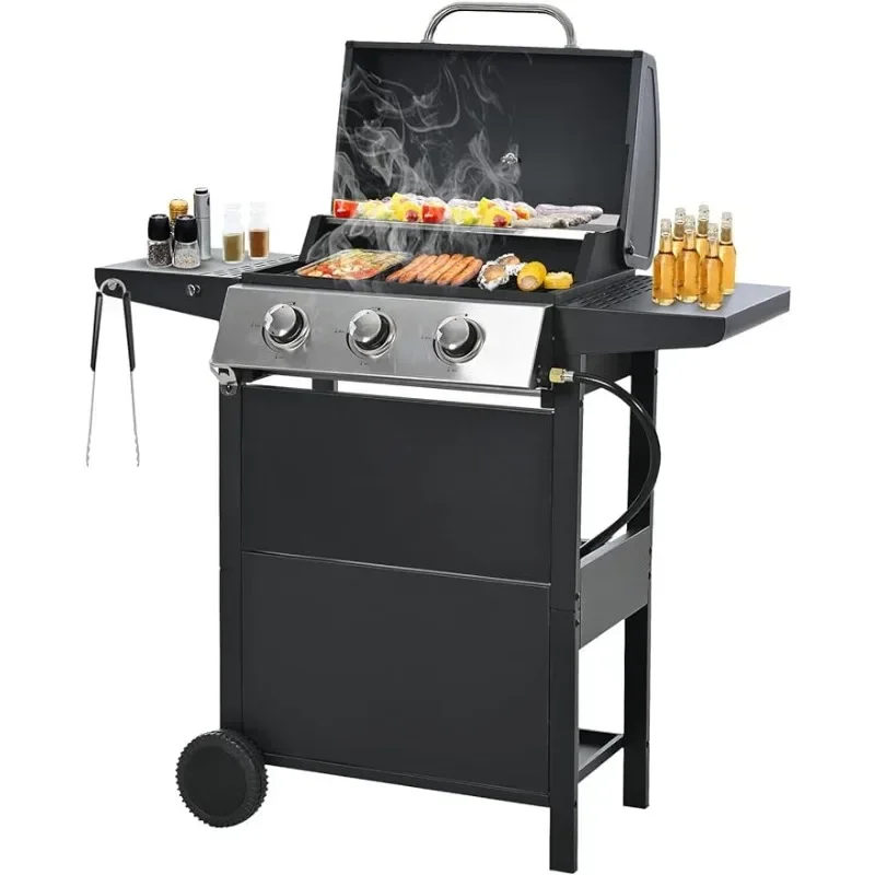 3-Burner Propane Gas BBQ Grill with Top Cover Lid, Wheels, and Side Storage Shelves & Built-in Thermometer, 25,650 BTU